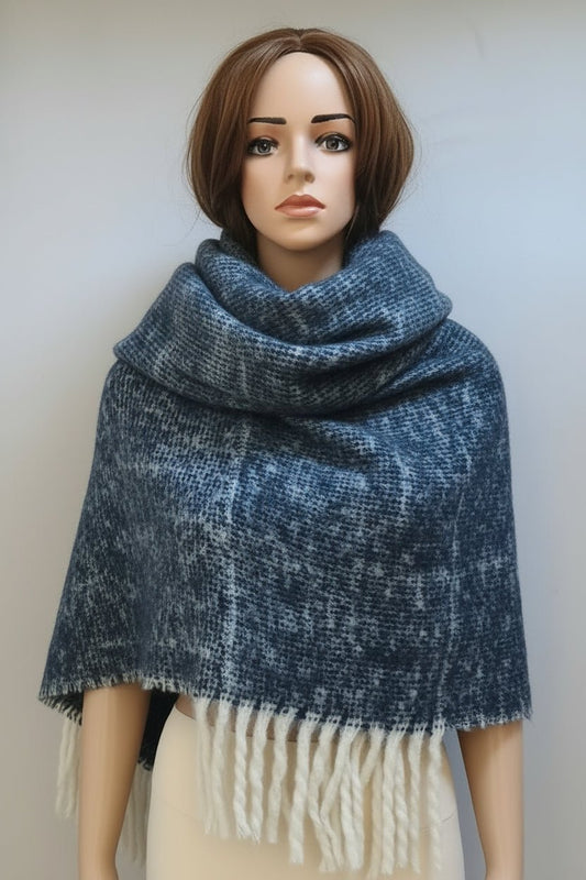Winterschal Dunkelblau meliert mit Fransen – Warm & Flauschig - Folad Home & Style