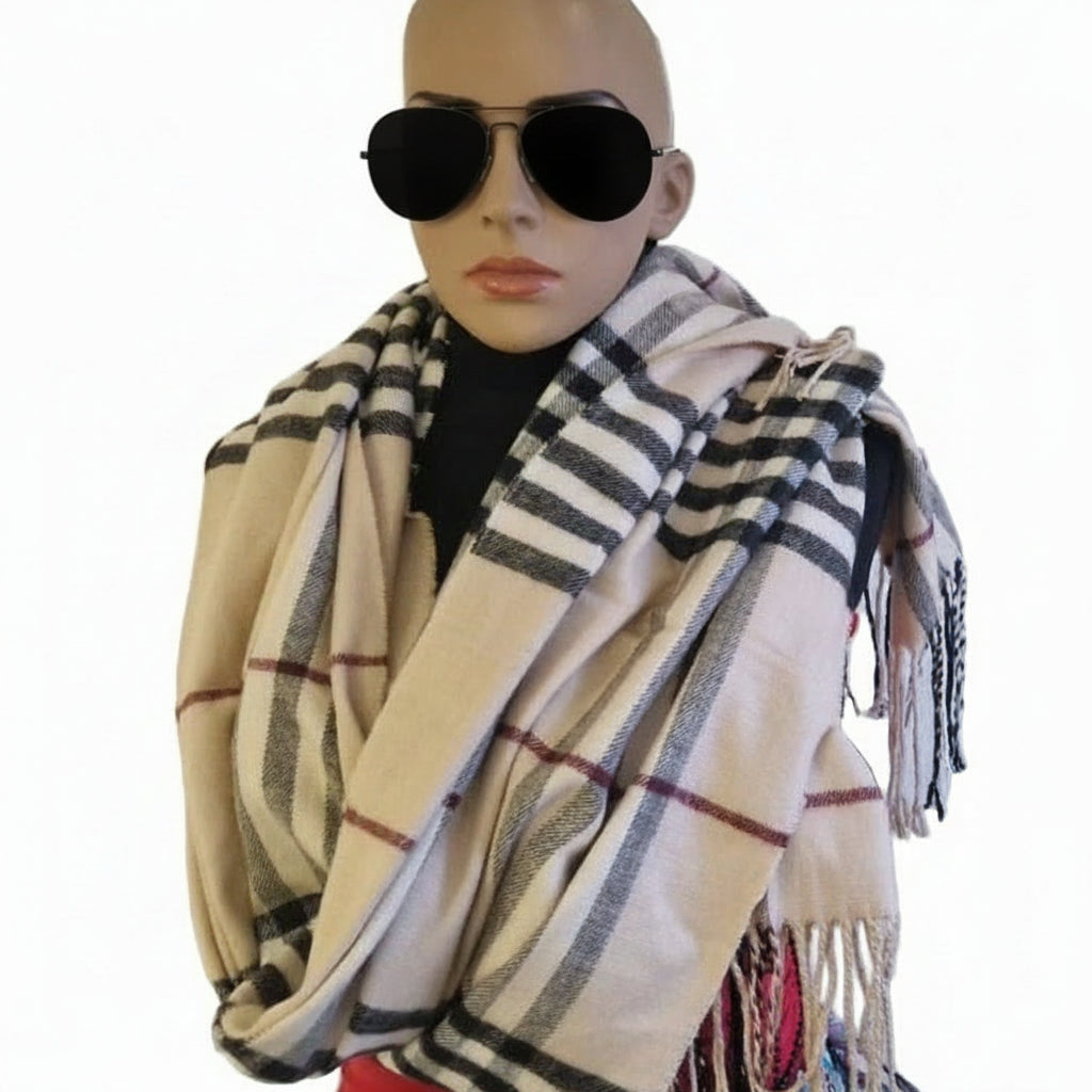 Damenschal mit Karomuster in Rot, Schwarz und Beige, Cashmere-Feeling