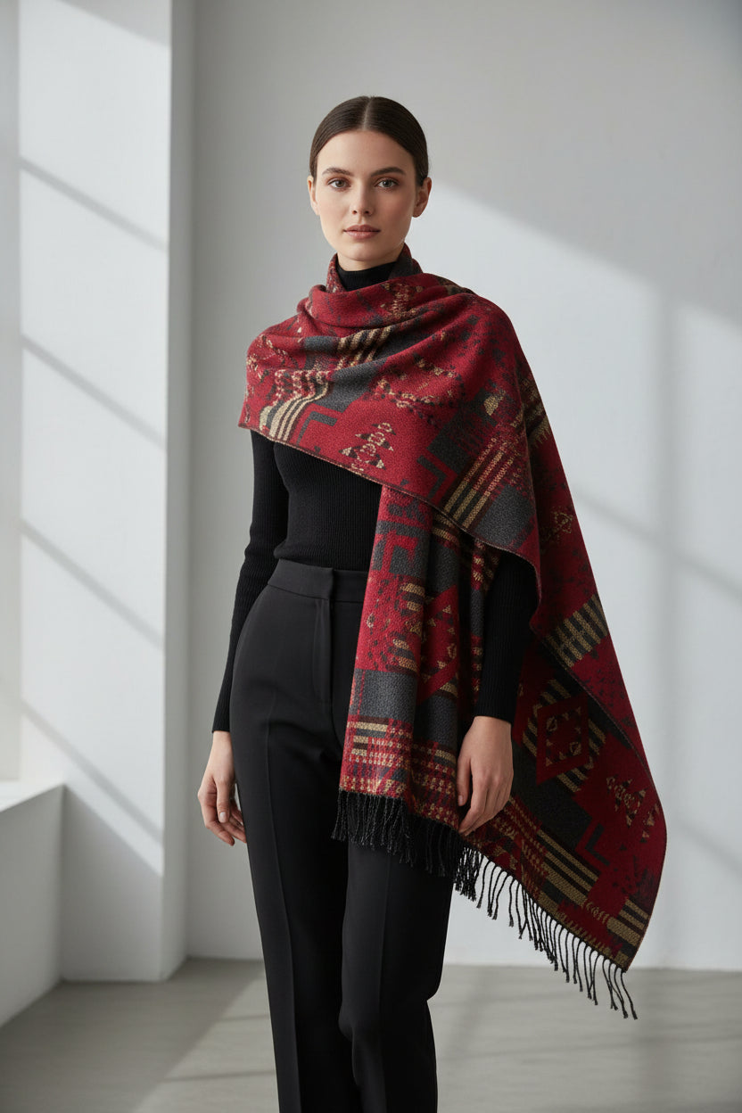 Schal im Ethno-Stil mit traditionellem Muster in Rot und Grau