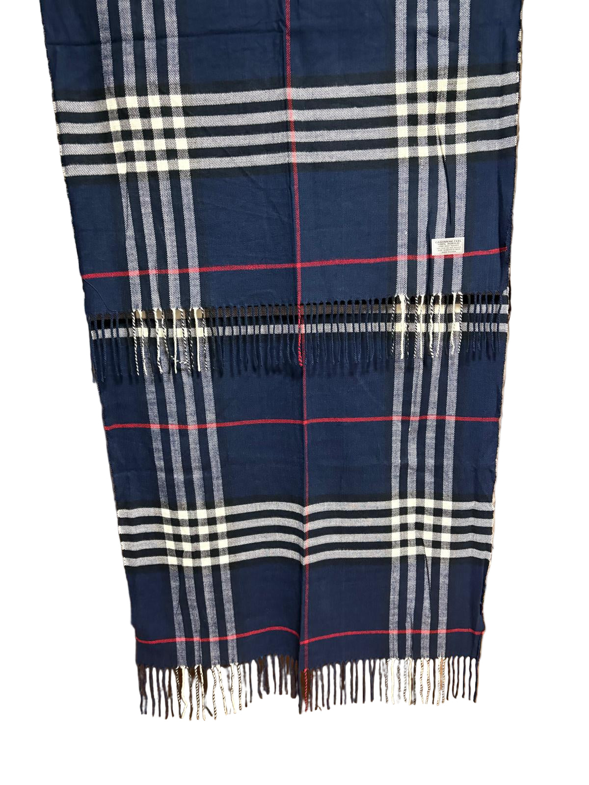 Blauer karierter Schal mit weißen und roten Streifen, Cashmerefeeling