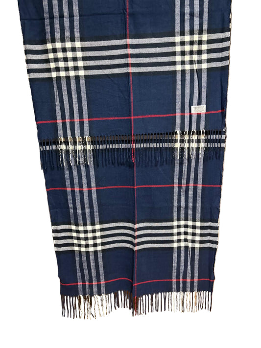 Blauer karierter Schal mit weißen und roten Streifen, Cashmerefeeling